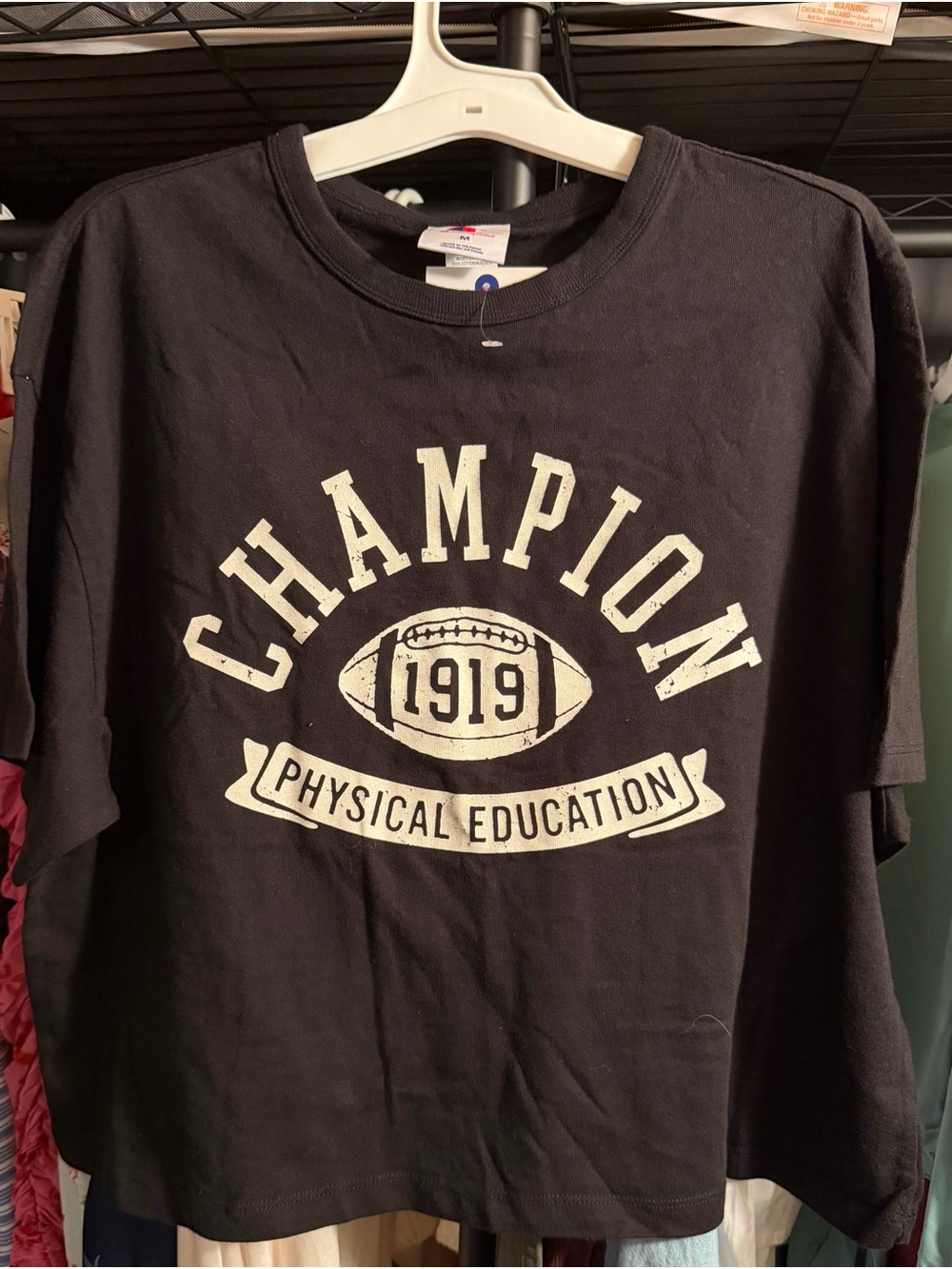 Champion Black Cropped Tee with White Football Graphic